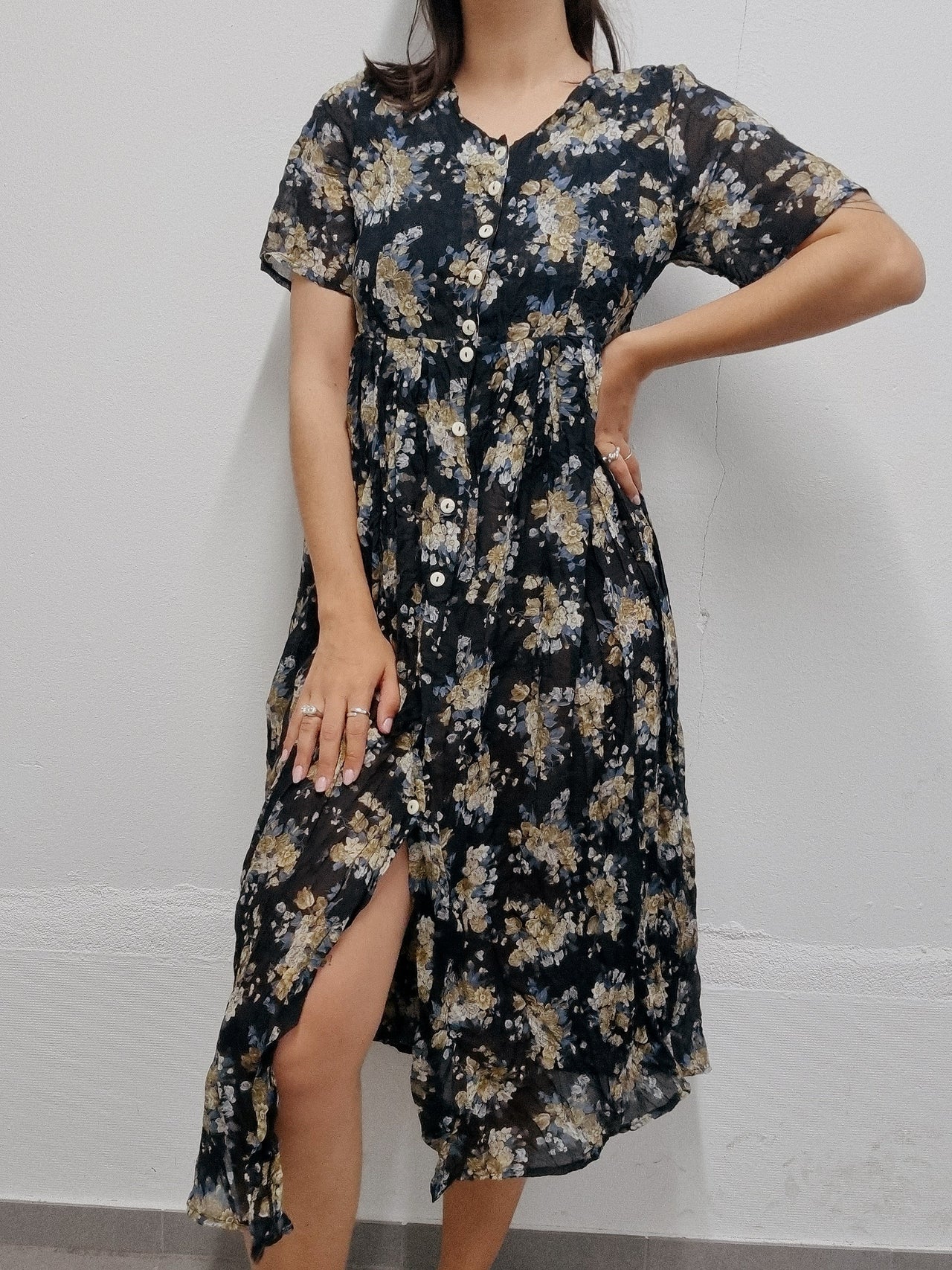 Vintage black floral dress M