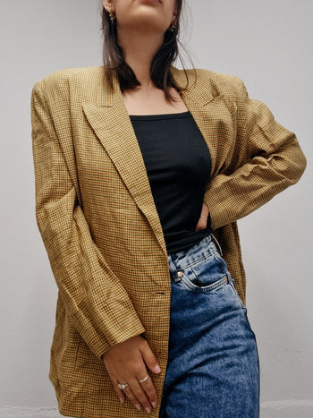 Veste blazer vintage oversized beige/moutarde à carreaux L