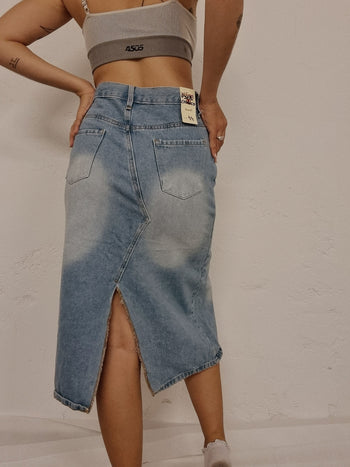 Vintage-Rock aus verwaschener Jeans, vorne und hinten offen, Größe L 