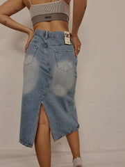 Jupe vintage en jeans délavé ouverte devant et derrière L