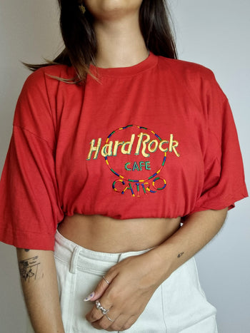 T-shirt vintage rouge brodé Hard Rock Cafe XL