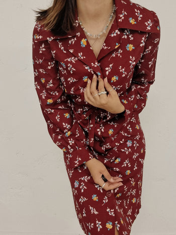 Robe vintage à fleurs bordeaux S/M