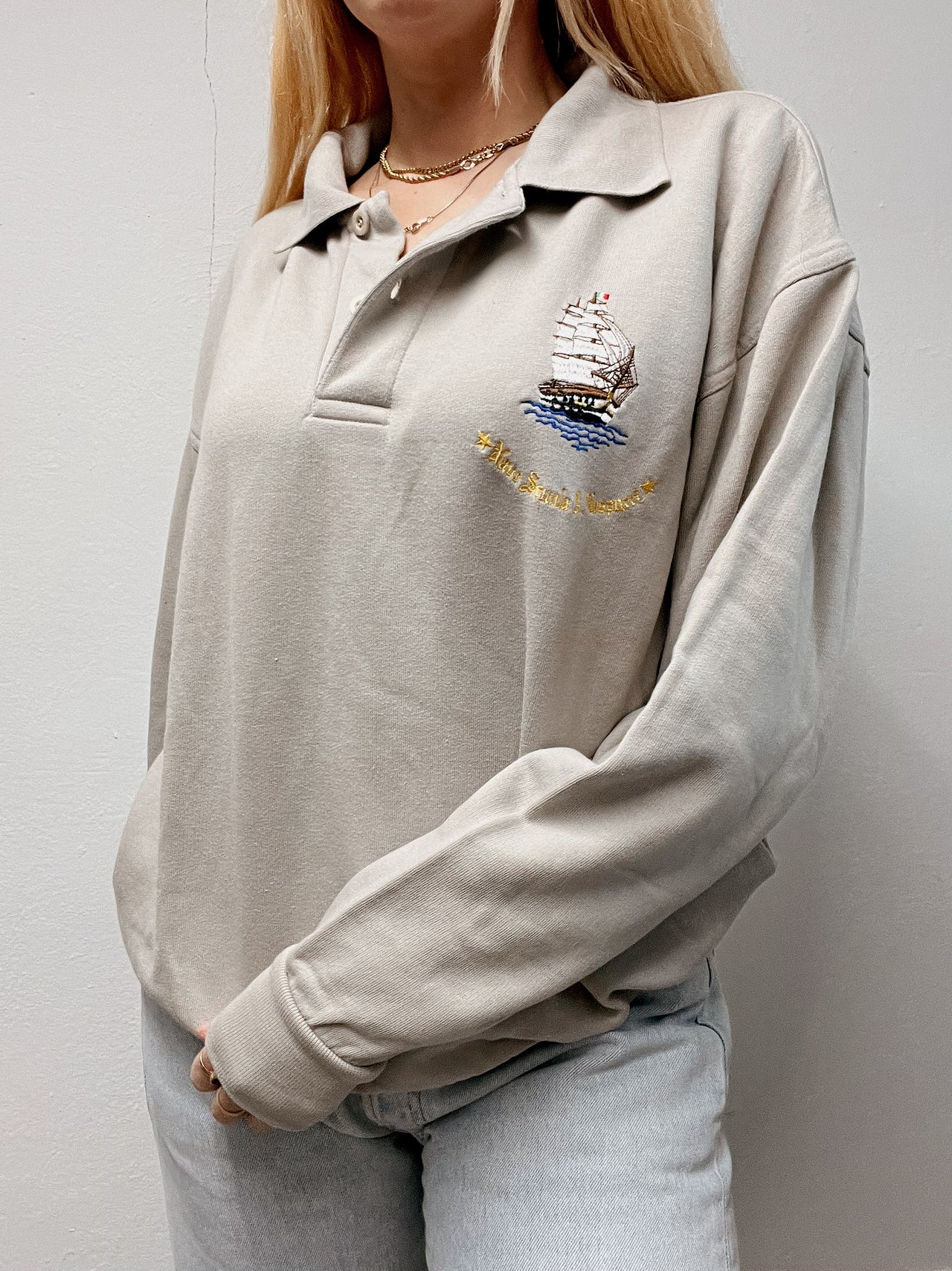 Vintage beige bestickter Polopullover L