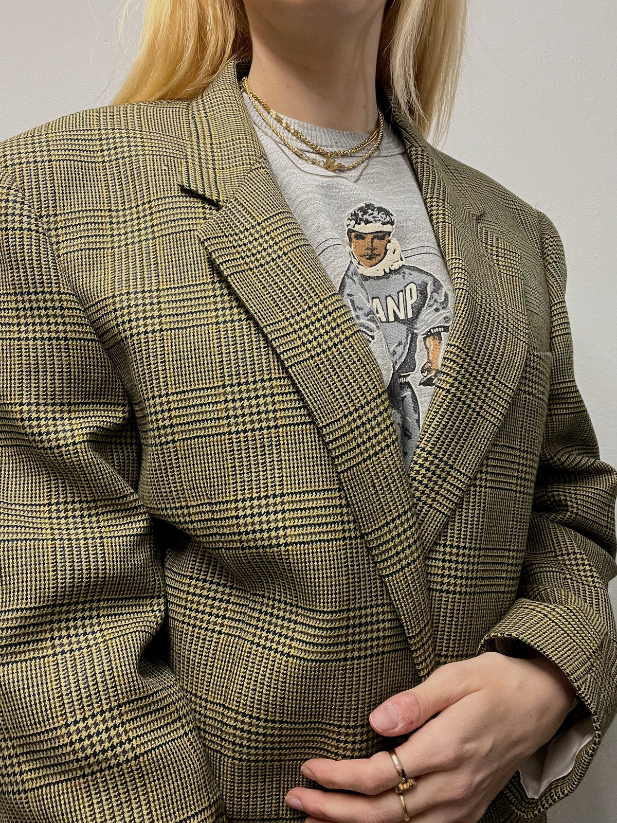 Veste blazer vintage pied de poule beige bleu marine et vert M/L
