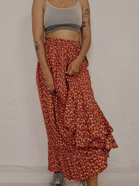Langer Vintage-Rock mit Blumenmuster in Rot-Orange S 