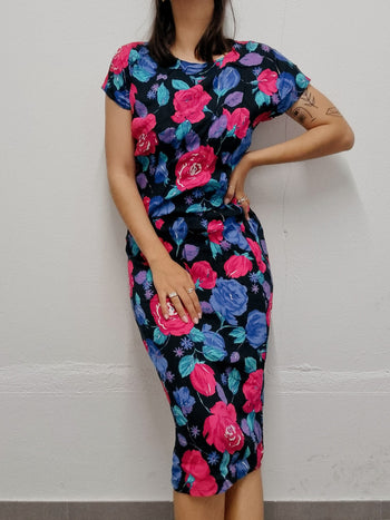 Robe vintage à fleurs noire et rose S/M