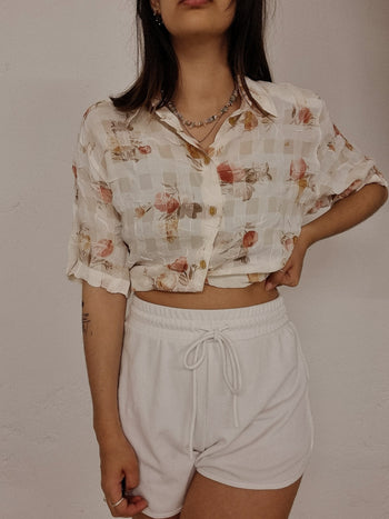 Chemise vintage blanc/beige à fleurs M