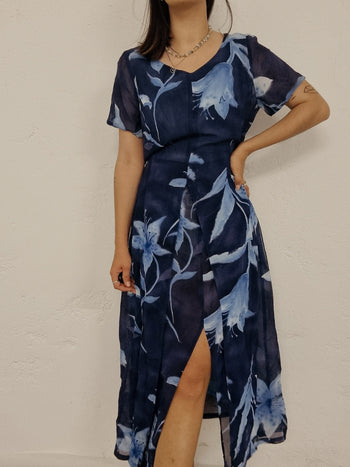 Robe vintage bleue à fleurs S/M