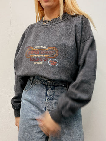 Pull vintage brodé gris foncé épais XL