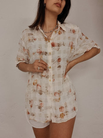 Chemise vintage blanc/beige à fleurs M