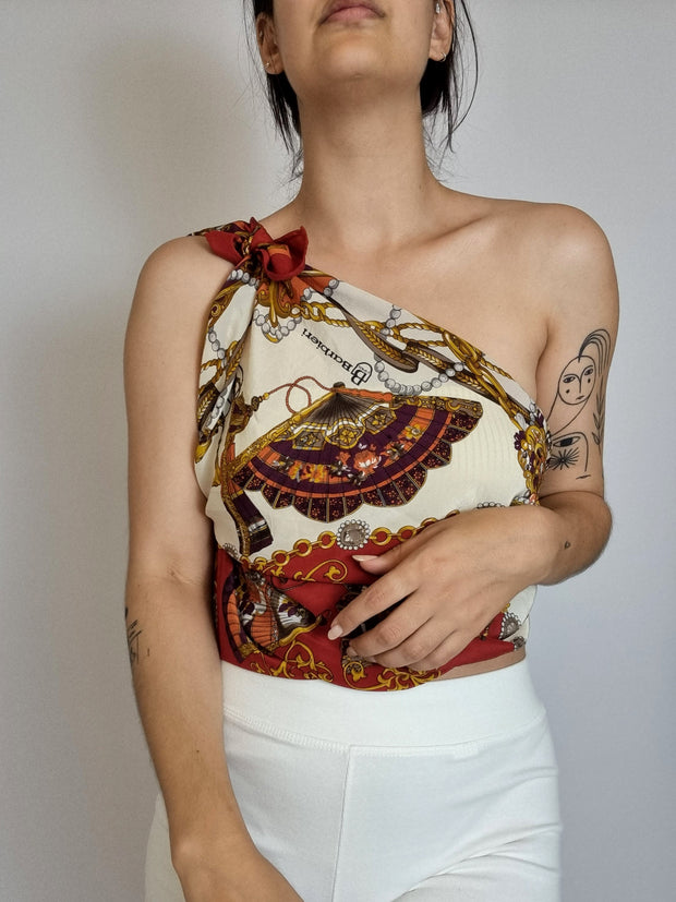 Foulard vintage rouge et blanc éventails 100% soie