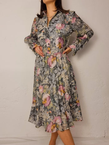 Robe vintage à fleurs rose khaki L