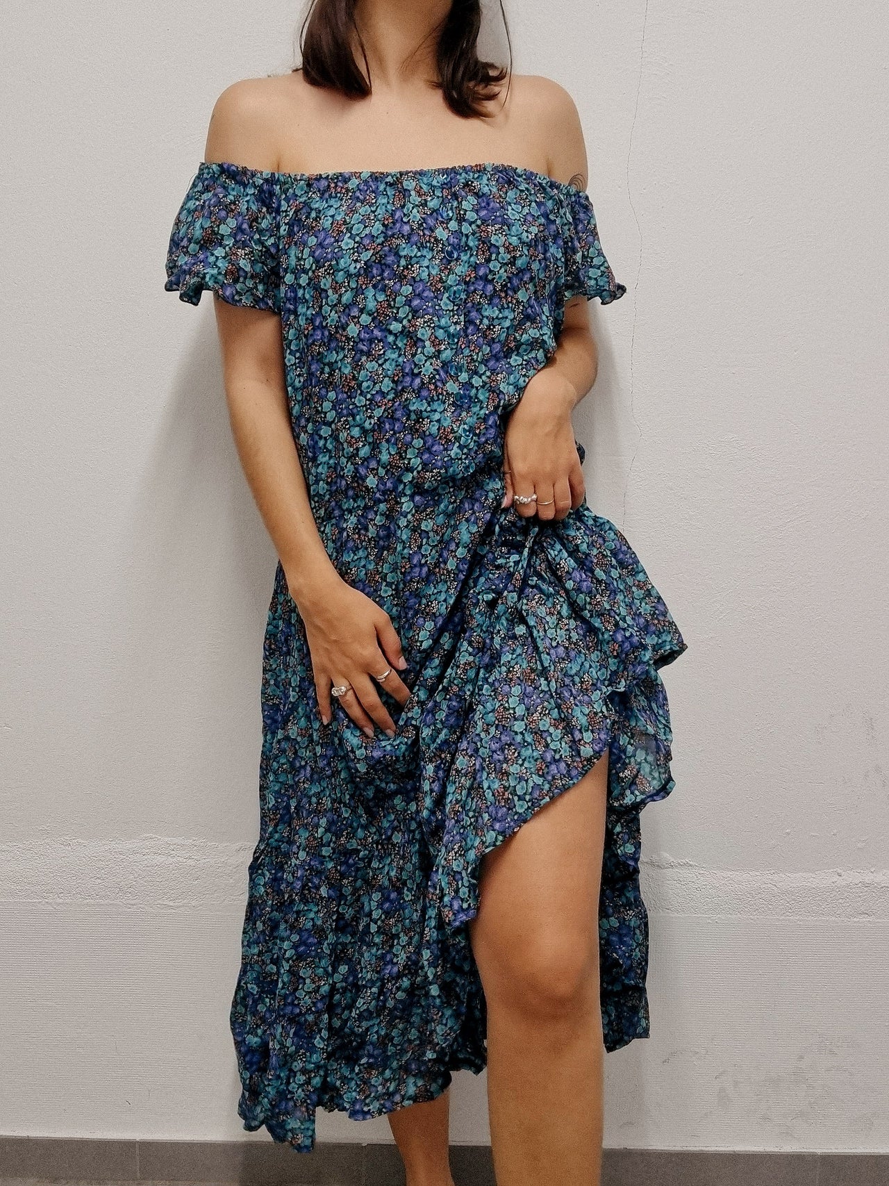 Robe longue vintage à fleurs bleue et violette M/L