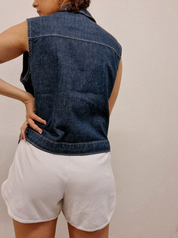 Dunkelblaue ärmellose Vintage-Jeansweste mit Stickerei L