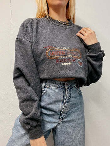 Pull vintage brodé gris foncé épais XL