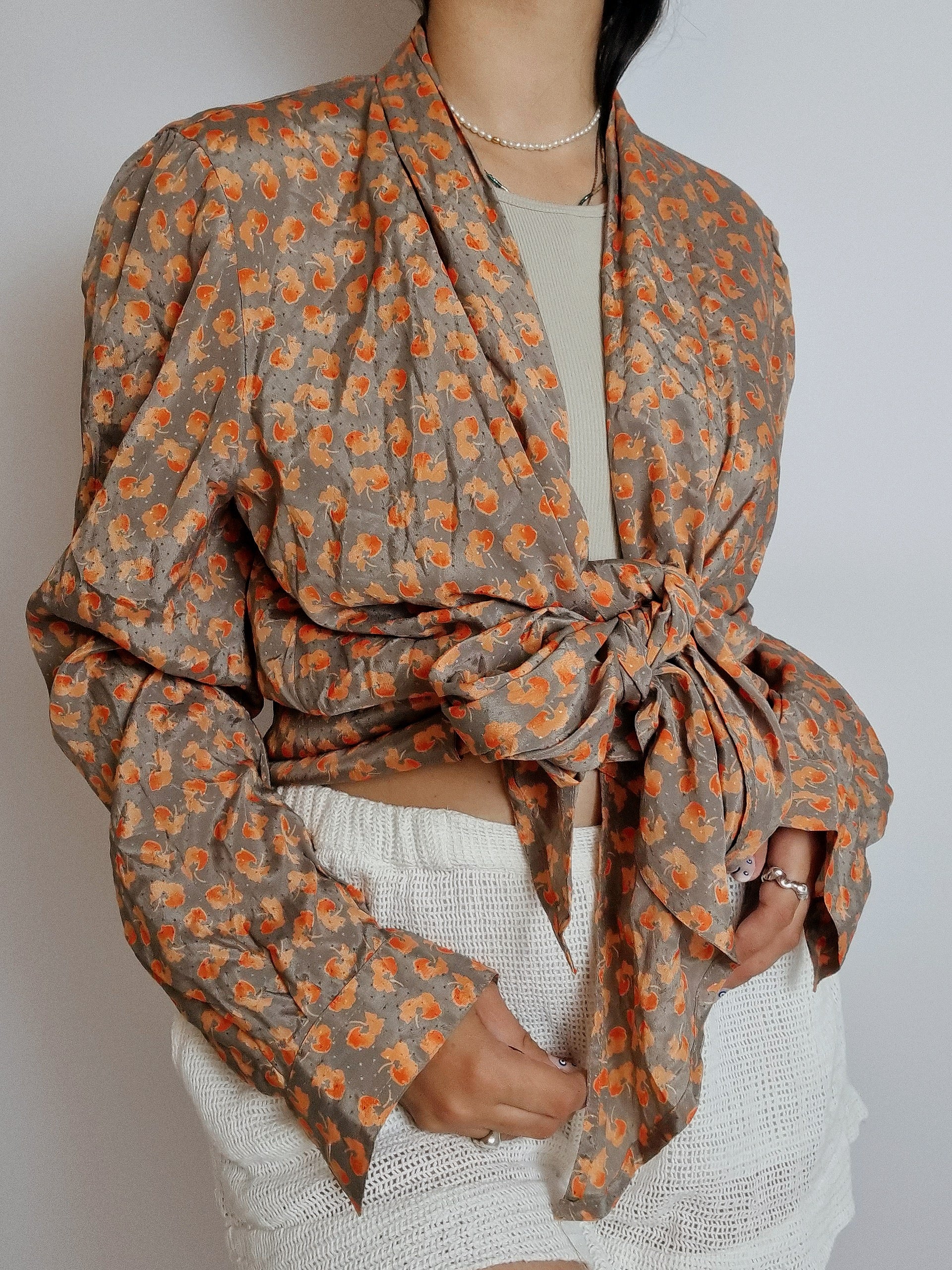 Chemise vintage beige  à motifs orange M/L