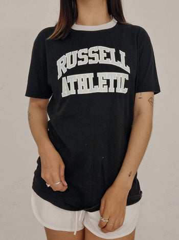 Vintage schwarz-blaues Russell M T-Shirt