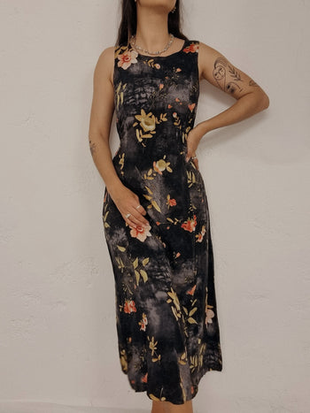 Robe vintage noire à fleurs S/M