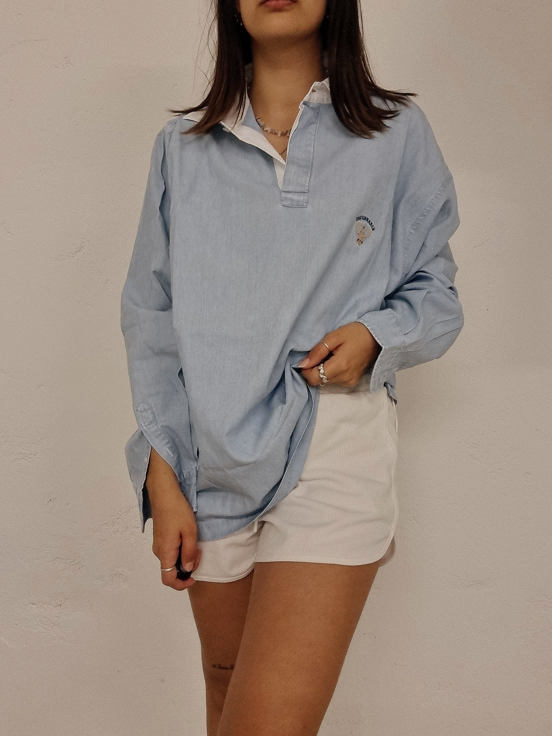 Chemise vintage en jeans bleue et blanche Faconnable L