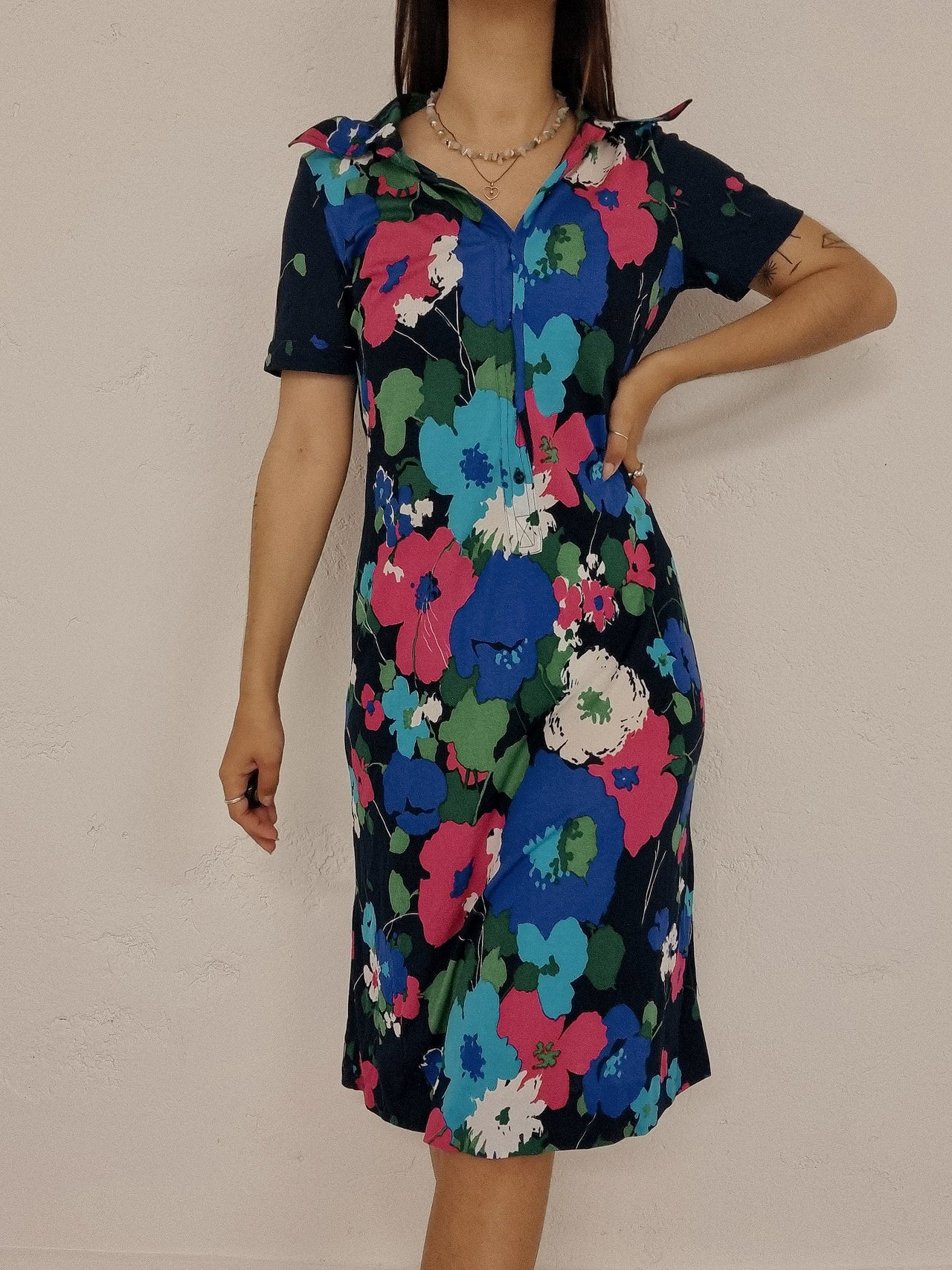 Robe vintage à fleurs bleue et rose S