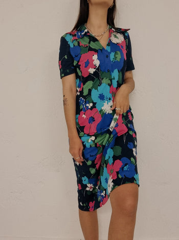 Robe vintage à fleurs bleue et rose S