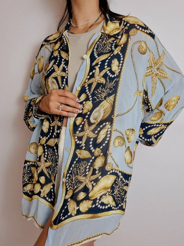 Chemise vintage bleue foncée et bleue claire à motifs M/L