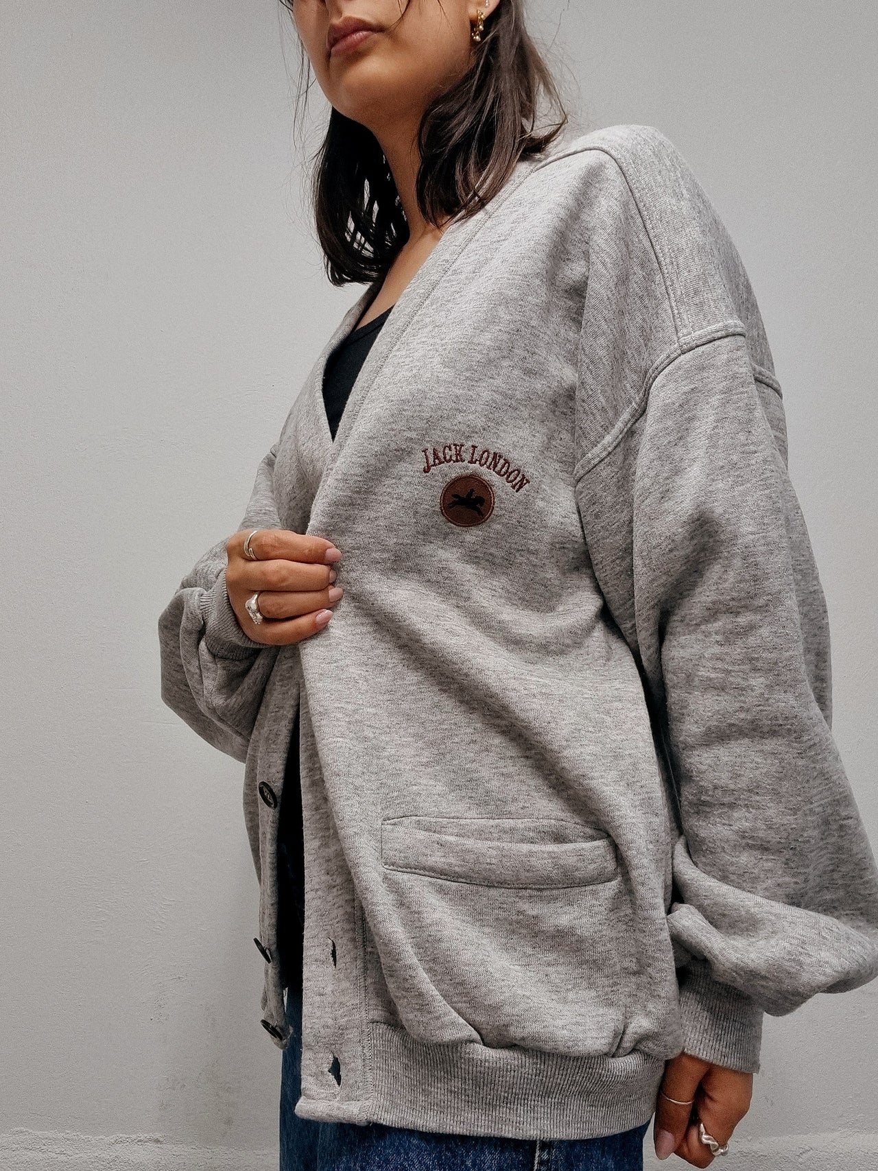 Cardigan vintage gris Clair oversized brodé XL