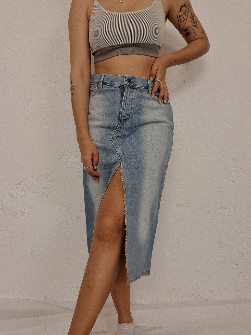 Jupe vintage en jeans délavé ouverte devant et derrière L