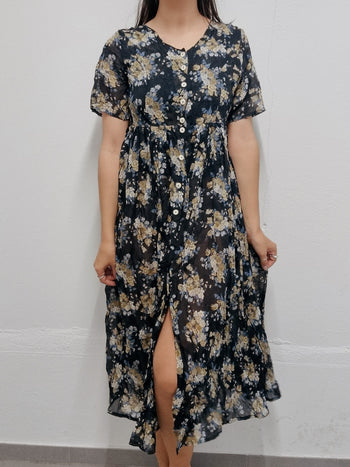 Robe vintage noire à fleurs M