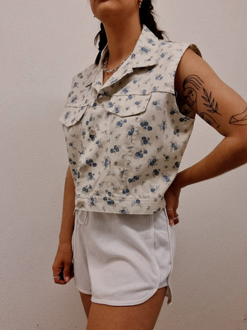 Gilet en jeans vintage sans manches blanc à fleurs S