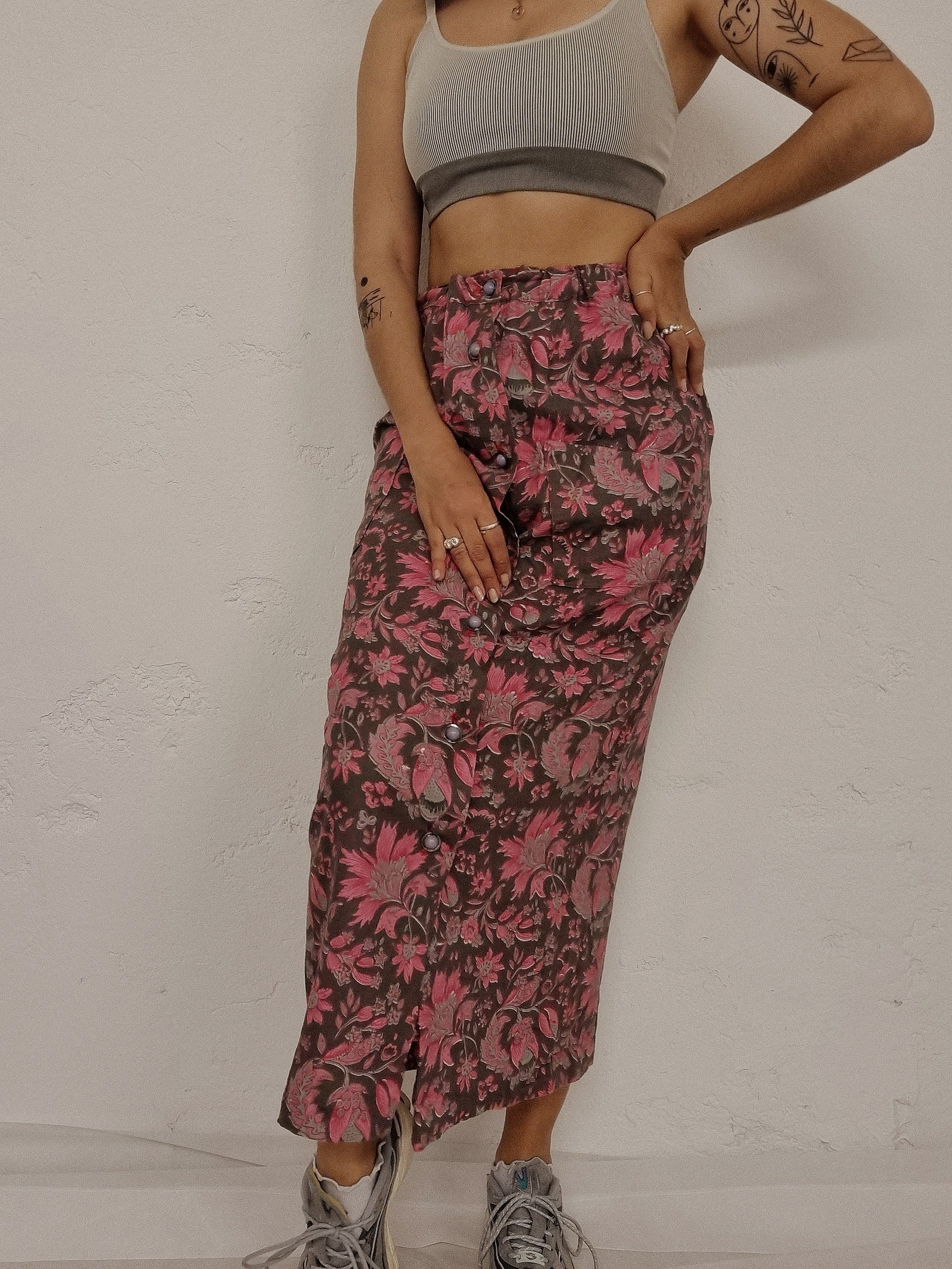Langer rosa Vintage-Blumenrock XS/S 