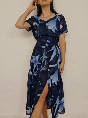 Robe vintage bleue à fleurs S/M