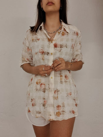 Chemise vintage blanc/beige à fleurs M