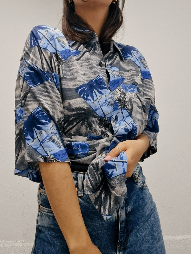 Chemise vintage bleue à motifs gris M