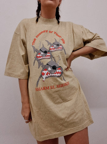 Vintage beige/senffarbenes Hai-T-Shirt XL