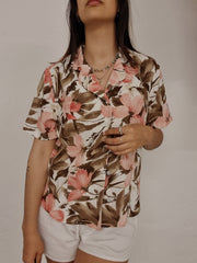 Chemise vintage blanche à fleurs hawaïenne rose M