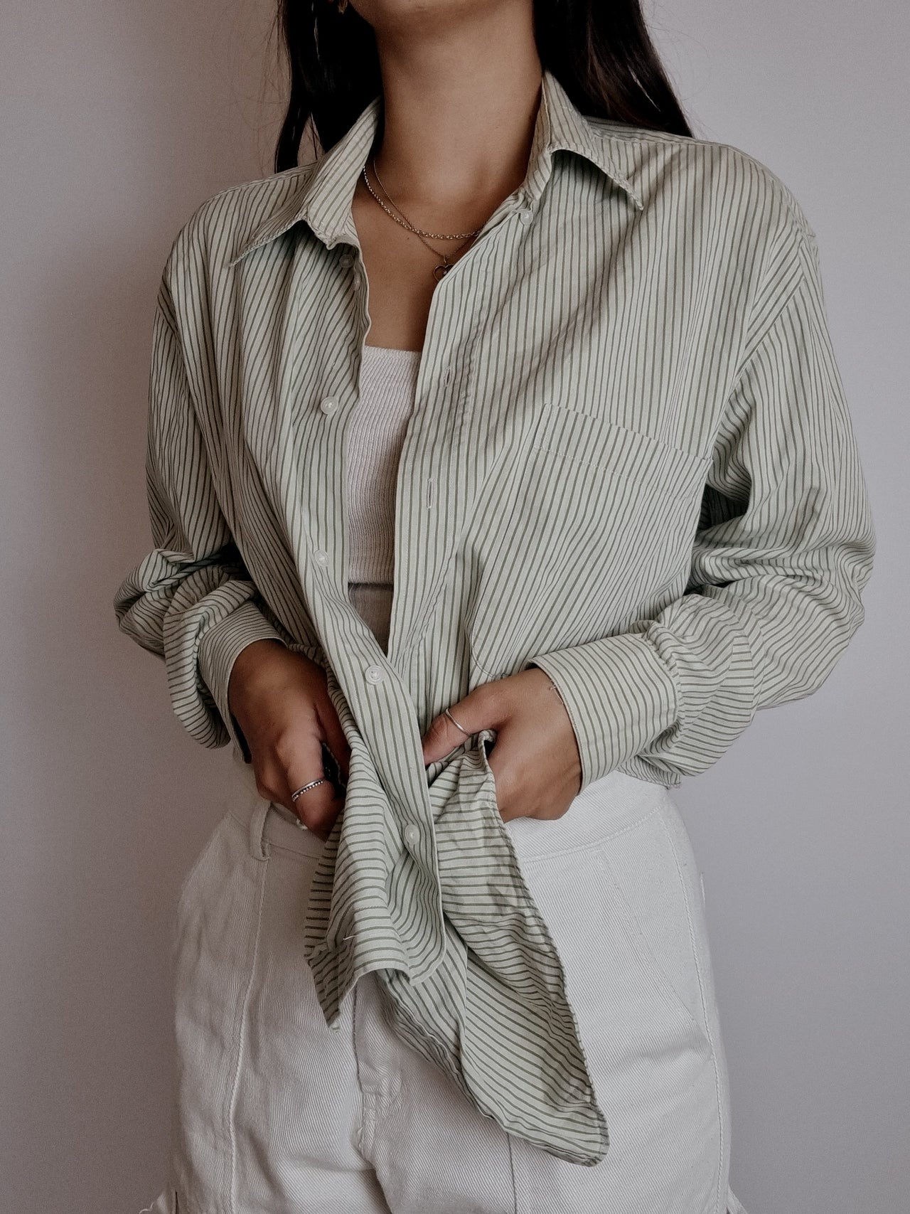 Chemise vintage verte clair et blanche rayée L