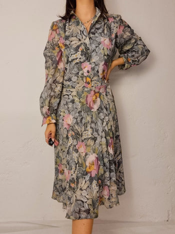 Robe vintage à fleurs rose khaki L