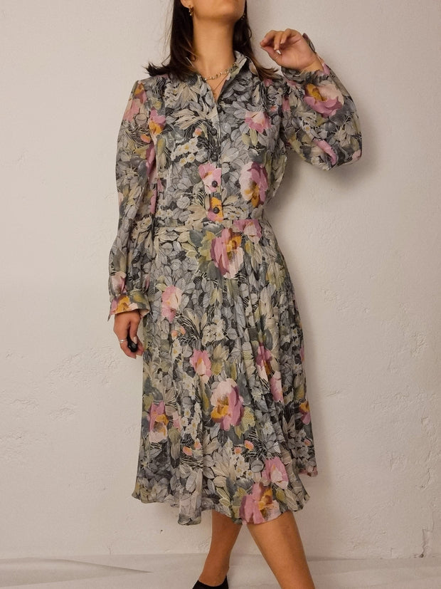 Robe vintage à fleurs rose khaki L