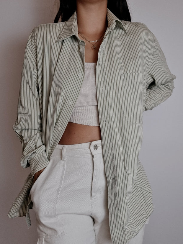 Chemise vintage verte clair et blanche rayée L