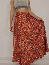 Langer Vintage-Rock mit Blumenmuster in Rot-Orange S 