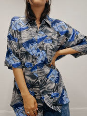 Chemise vintage bleue à motifs gris M