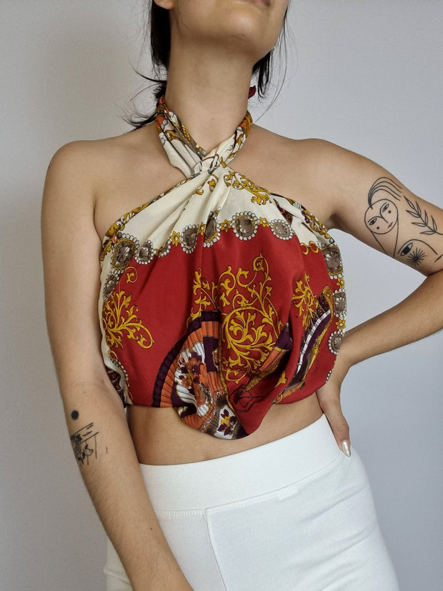 Foulard vintage rouge et blanc éventails 100% soie