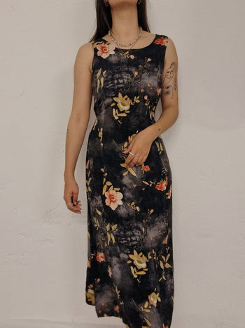 Robe vintage noire à fleurs S/M