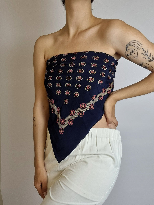 Foulard vintage bleu foncé 100% soie