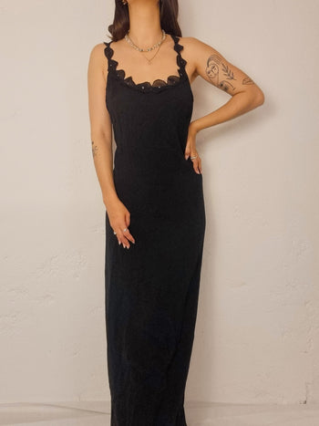 Vintage long black open back dress M/L