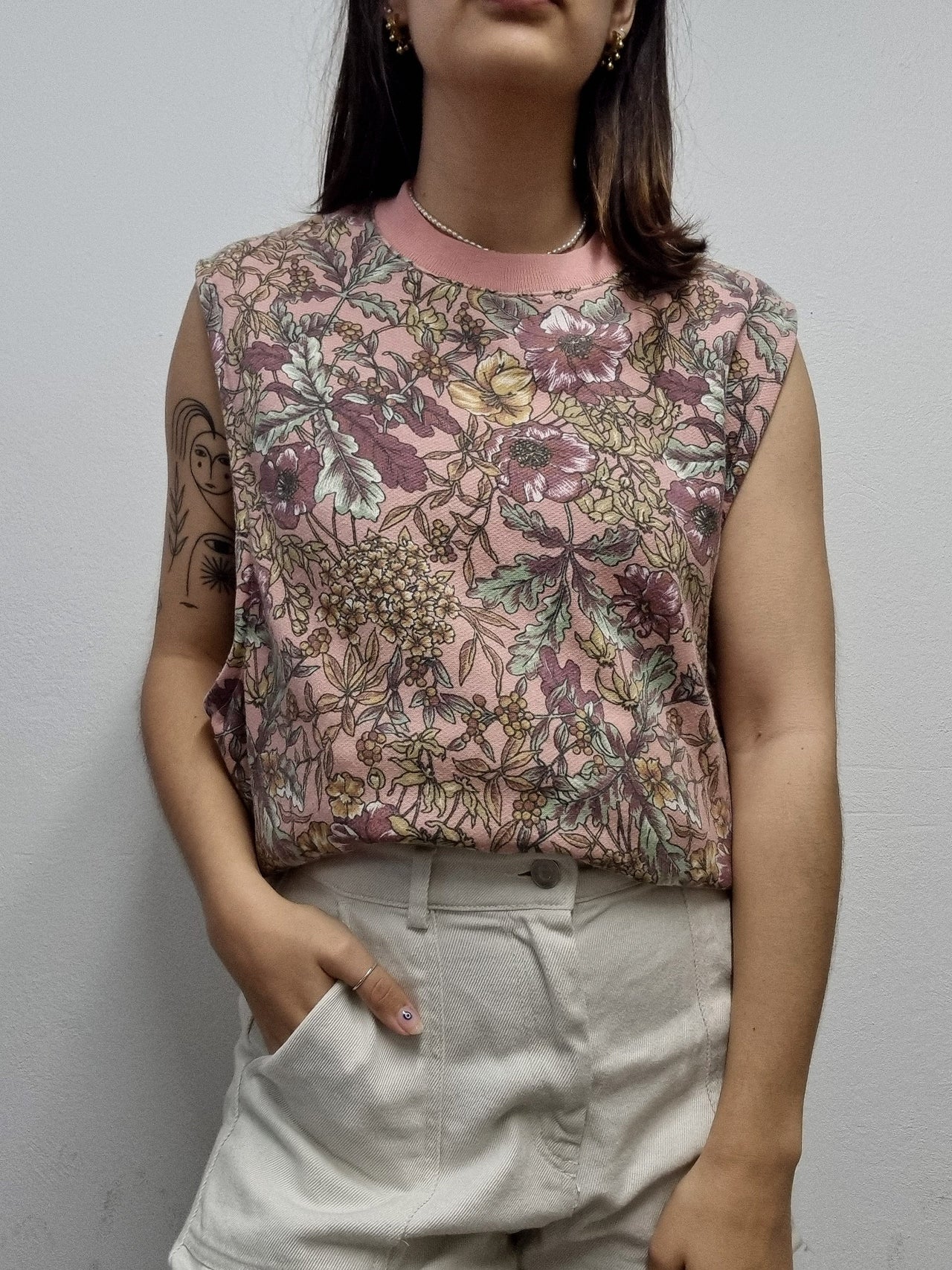 Top débardeur vintage rose à fleurs M