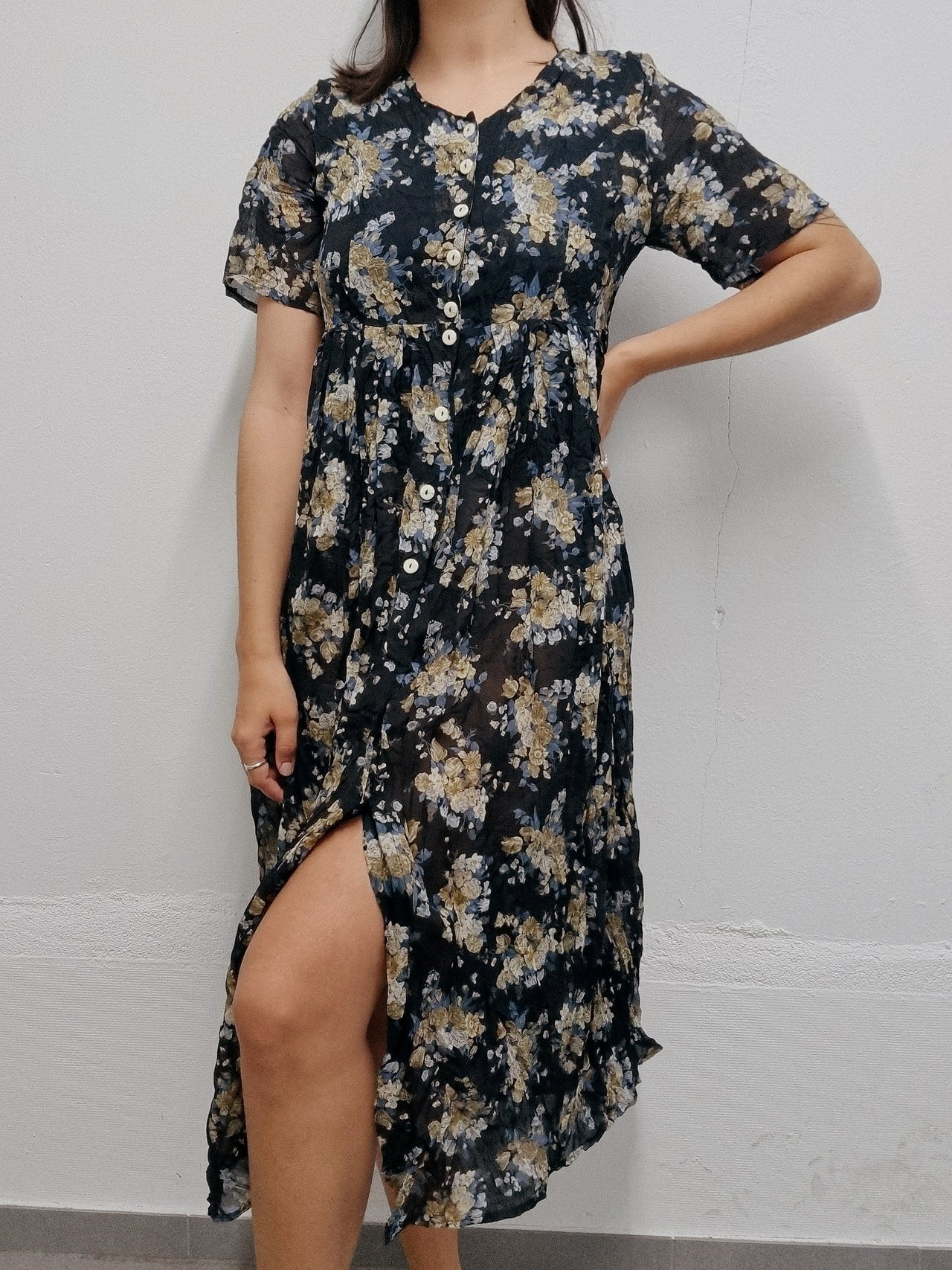 Vintage black floral dress M