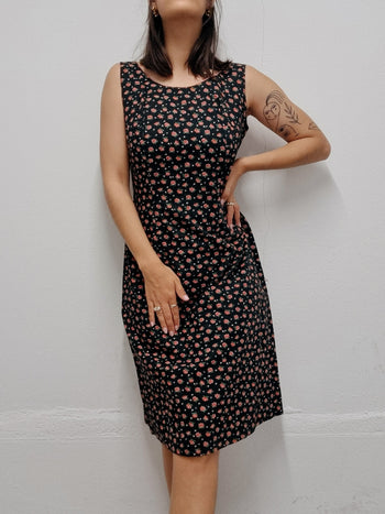 Robe vintage noire à fleurs rose S