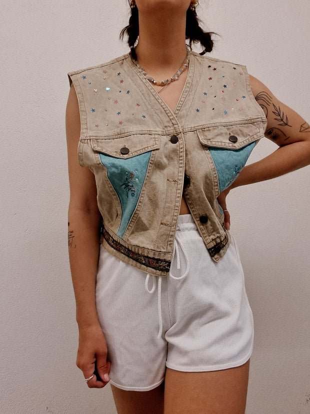 Gilet en jeans vintage sans manches beige à paillettes M